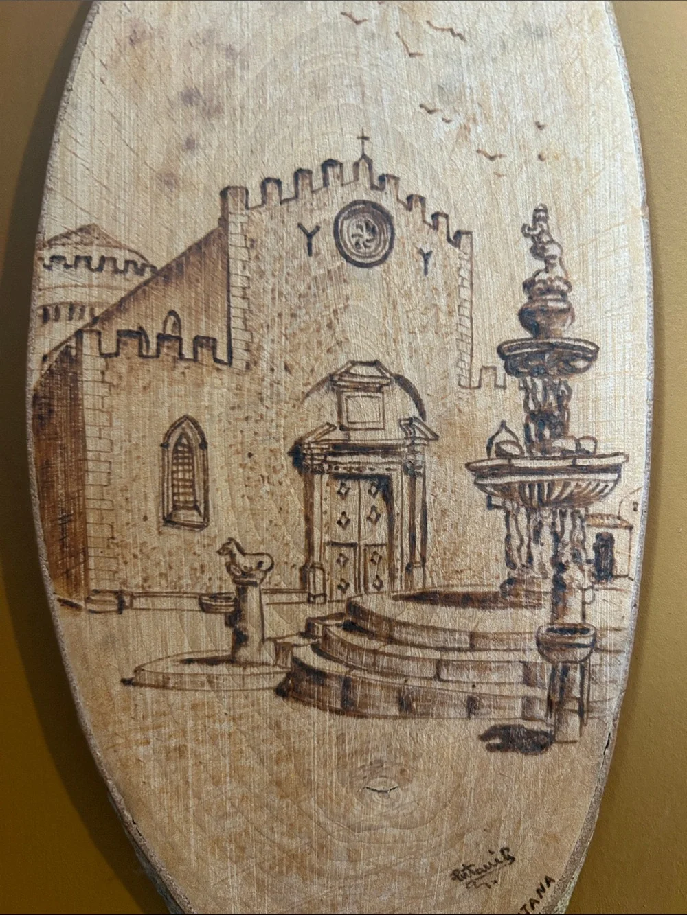 Wood-Burned Oval Wall Art - Natural Wood Tone